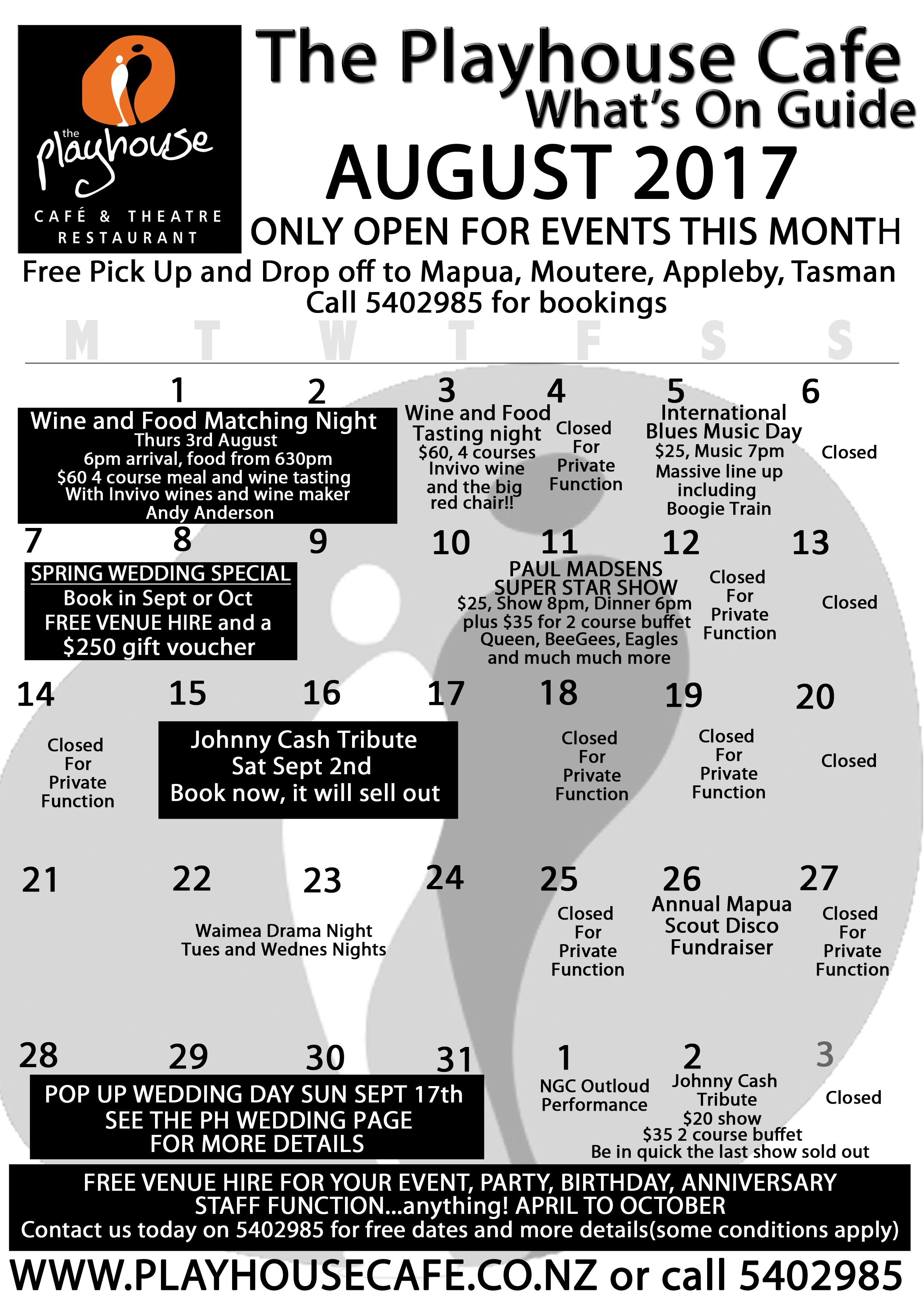 Calendar and Opening Hours The Playhouse Cafe and Theatre